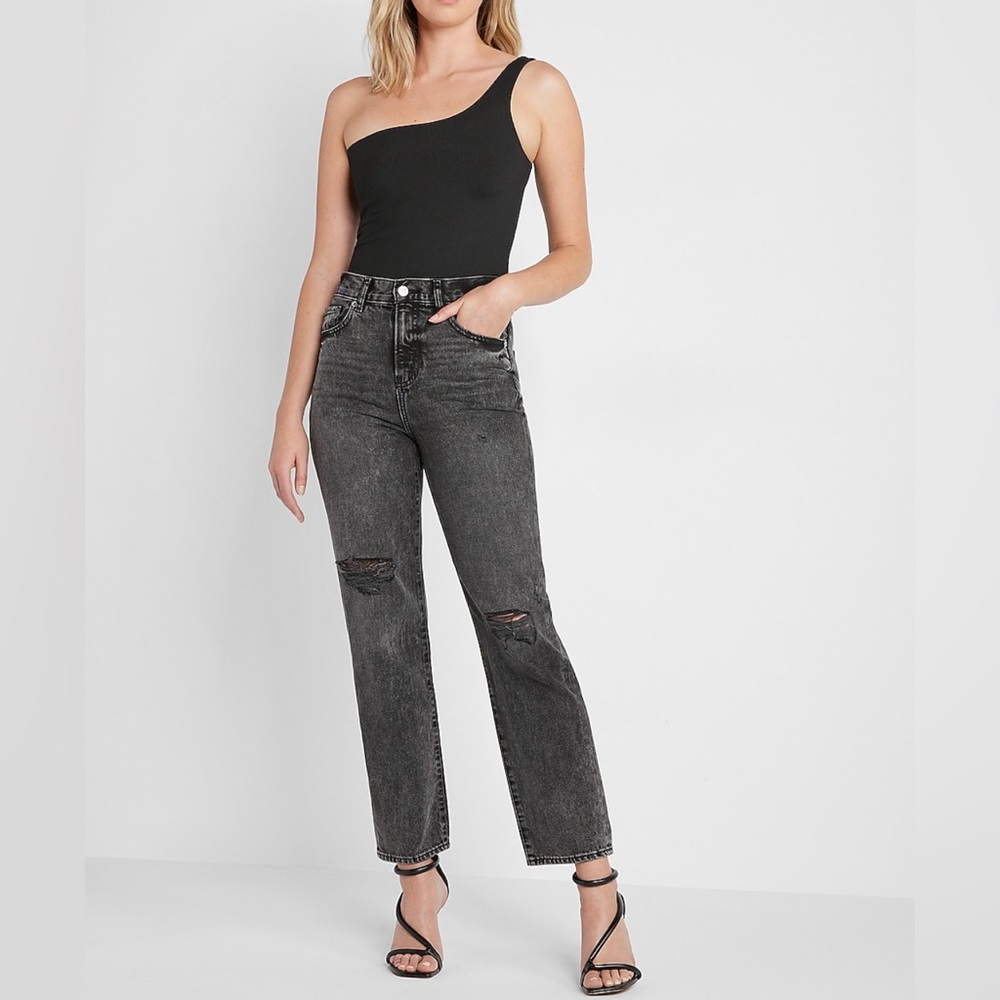 Express High waisted black ripped straight ankle jeans